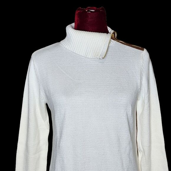 Charter Club Zipper Funnel Neck Sweater Cream Faux Suede Trim Women's Medium - Picture 3 of 12